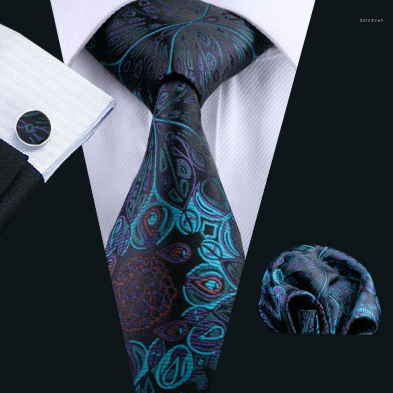 

LS-612 New Men`s Tie 100% Silk Blue Floral Classic Jacquard Woven Tie+Hanky+Cufflinks Set For Formal Wedding Business Party1