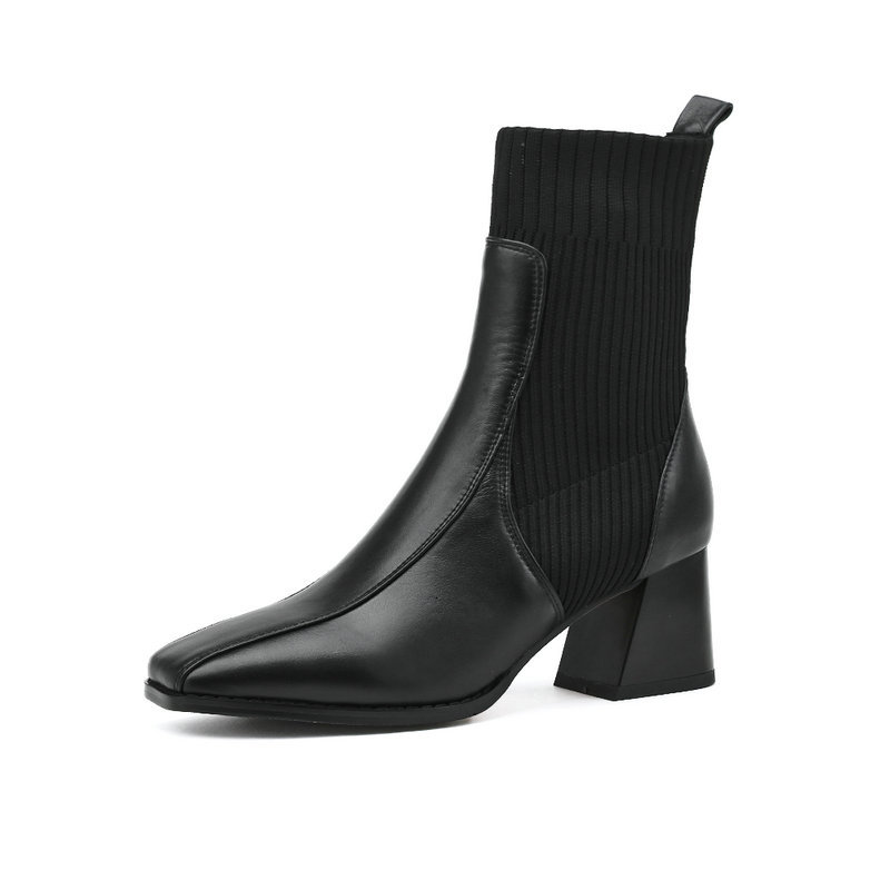 

2021 New Genuine Leather Sweet Knitting Socks Square High Heels Women Warm Ankle Boots Dancing Party Shoes Woman F6ih, Beige