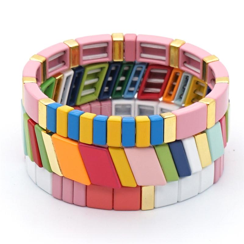 

HEYUYAO 3 Pcs Rainbow Bracelet Women 2020 Summer Enamel Tile Beads Bracelets Femme Jewelry Bohemian Multicolor Tile Bead