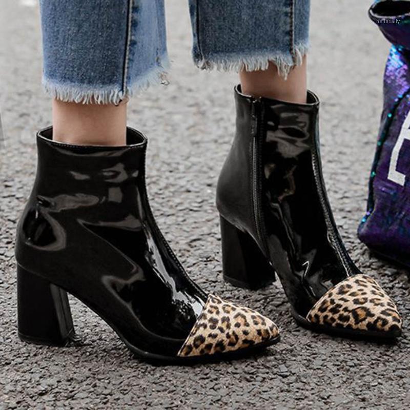 

YOUYEDIAN waterproof leather boots women pointed toe high heel boots Leopard pattern ankle women 2020 botas mujer 8M3551, Beige