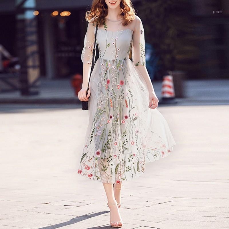 

Bohemian Flower Embroidered Dress Evening Party Floral Dresses Gorgeous Half Sleeves Sheer Long Dress1, White