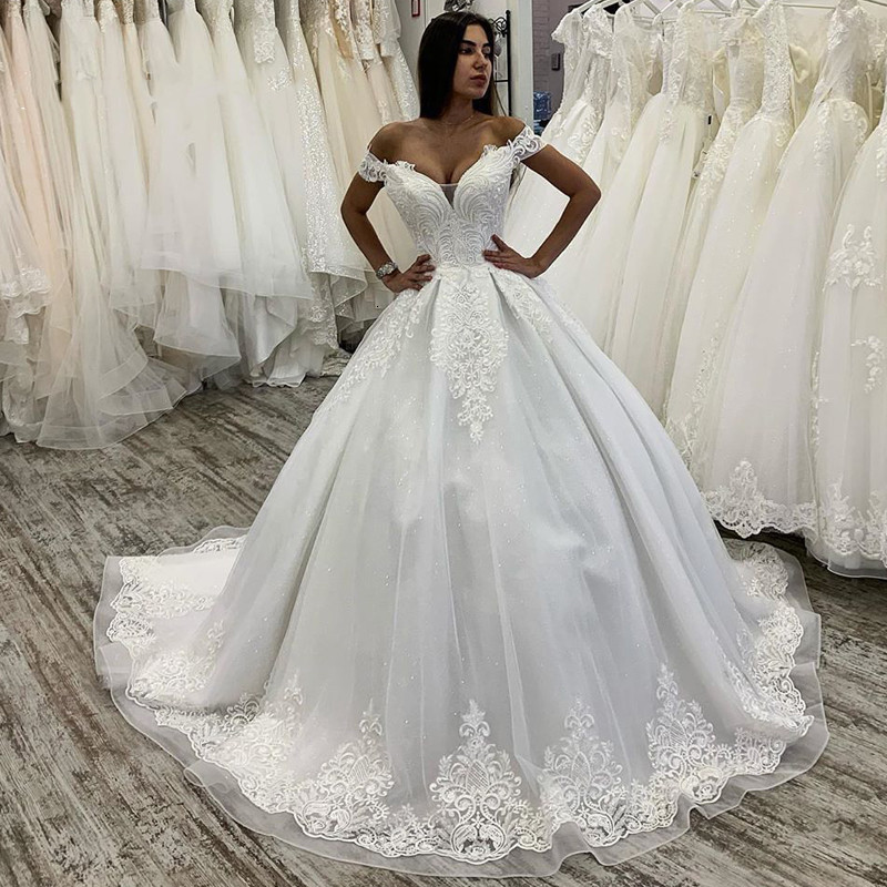 

2021 New White Ball Sexy Princess Spoon Neck Dress Novia Off the Shoulder Tulle Wedding Dresses R4BL, Ivory