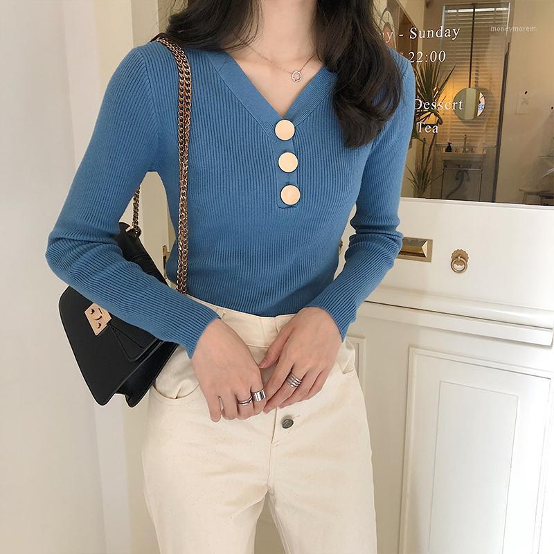 

2020 New Fashion V Neck Knitted Women Sweater Top Button Decor Korean Style Slim Knit Womens Sweaters Tops Casual Lady Pullovers1, Beige