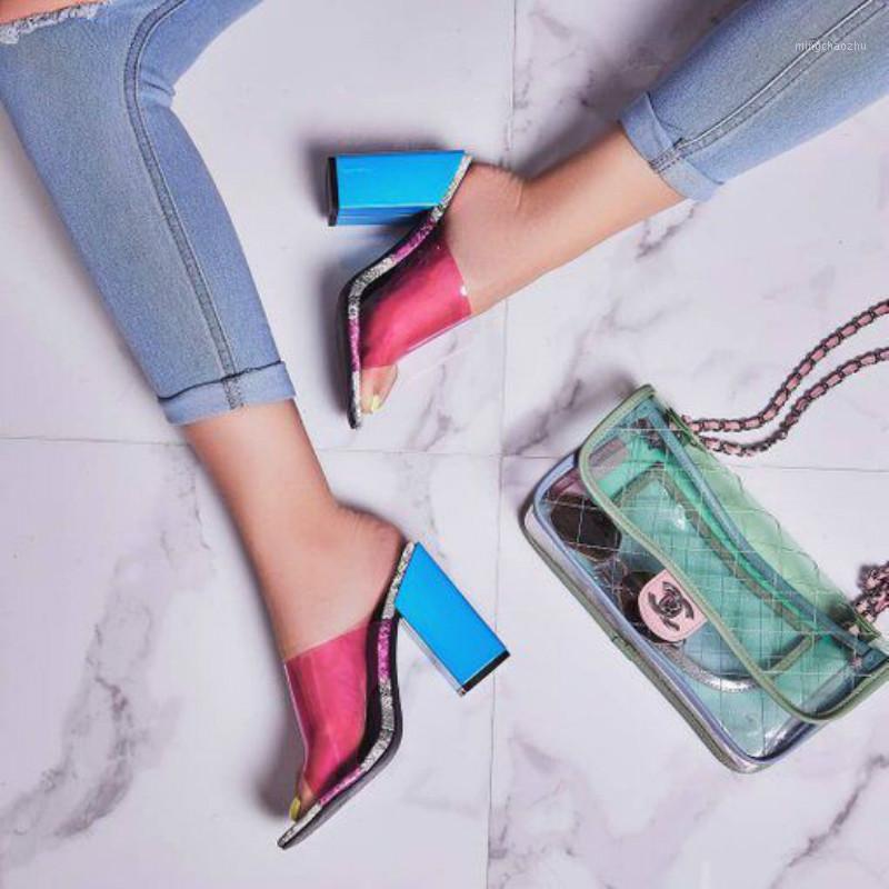

Slippers 2021 Summer Clear PVC Women Block High Heels Peep Toe Neon Blue Flip Flops Ladies Sexy Slides Sandals Zapatos ZL031, Silver