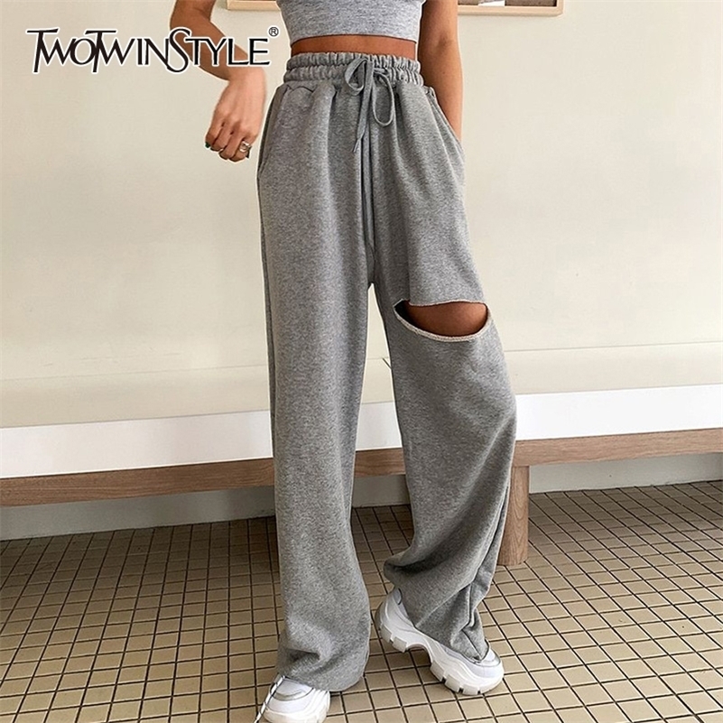 

TWOTWINSTYLE Casual Asymmetrical Women Full Length Pants High Waist Lace Up Bow Ripped Hole Wide Leg Pant For Female Clothes New 201109, Black