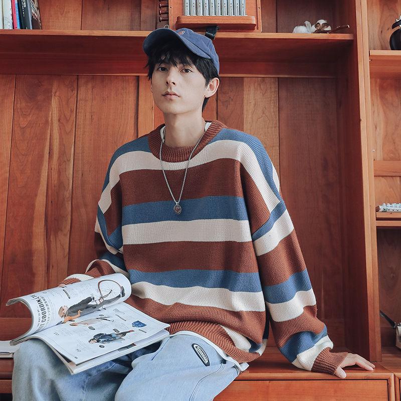 

2020 Men's Striped Printing Long Sleeve Coats Wool Sweaters Casual Youth Loose Long Sleeves Pullovers Clothes Cashmere Knitting, Green