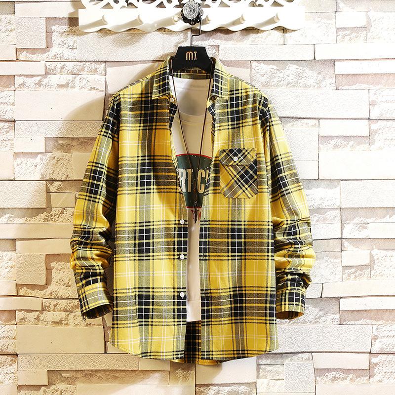 

#0127 Men Shirt Slim Fit Plus Size 4XL 5XL Casual Shirt Men Long Sleeve Yellow Red Plaid Shirts For Mens Fashion Lapel Collar, Blue