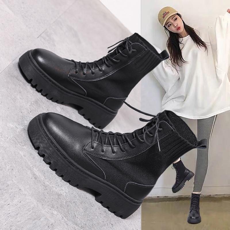 

Boots Women New 2021 Brand Women's Shoes Lace Up Flat Heel Booties Ladies Round Toe Fashion Autumn Ankle Rubber Med Rock Rome
