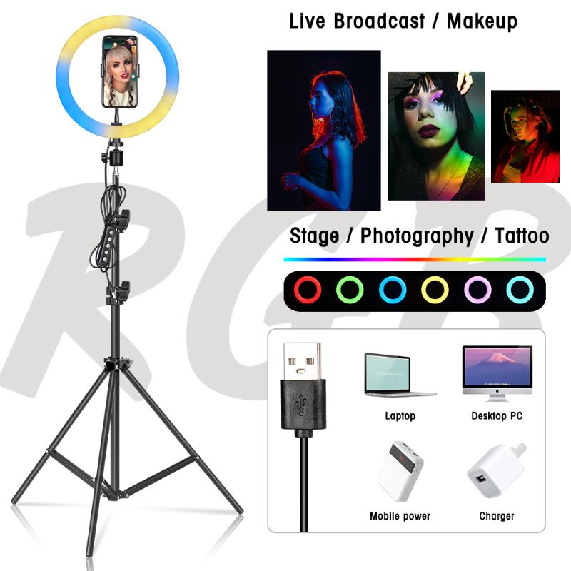 

6/8/10/12 Inch Ring Light 15 Colors RGB LED Selfie Ring Light With Tripod Phone Stand Holder For Tiktok Youtube Makeup Video