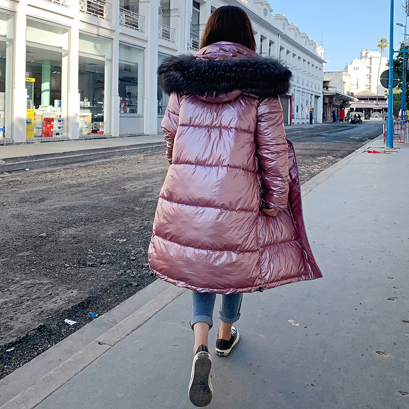 2019 hiver nouveau manteau brillant femelle fit mince coupe longueur épaisse collier de fourrure veste à capuche C1204
