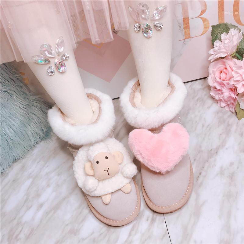 

Womens Ankle Boots Warm Winter Snow Heart Furry Sheep Decor Sweet Lolita Mary Jane Shoes Punk White New 2020 Girls1