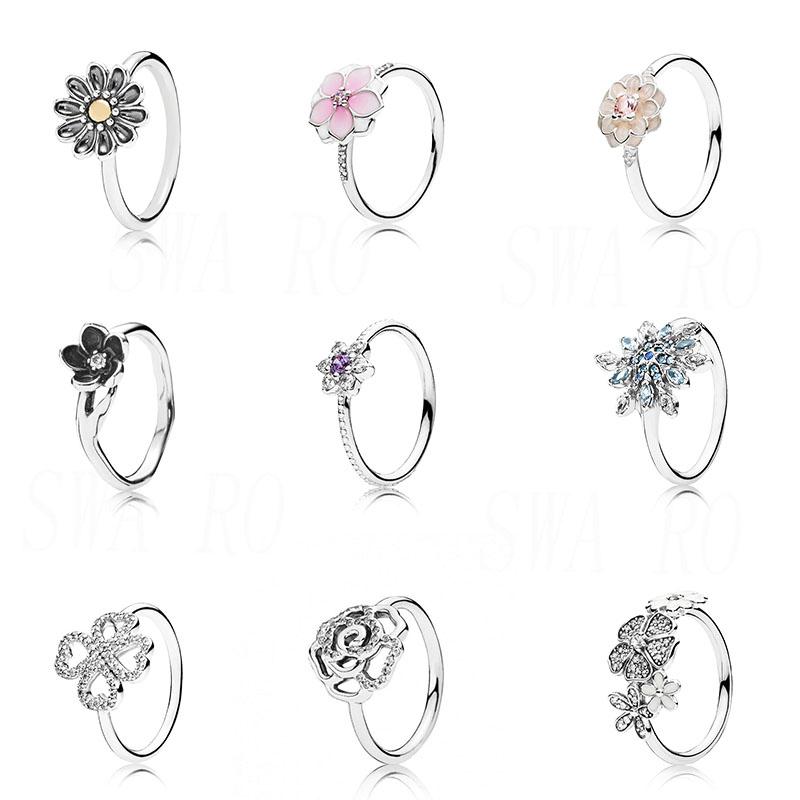 

Cluster Rings High Quality Silver 925 Rotating Clover, Snowflake, Lotus, Flower Blossom, Purple Forget-me-not, Wheat Ears, Pink Peach Blosso
