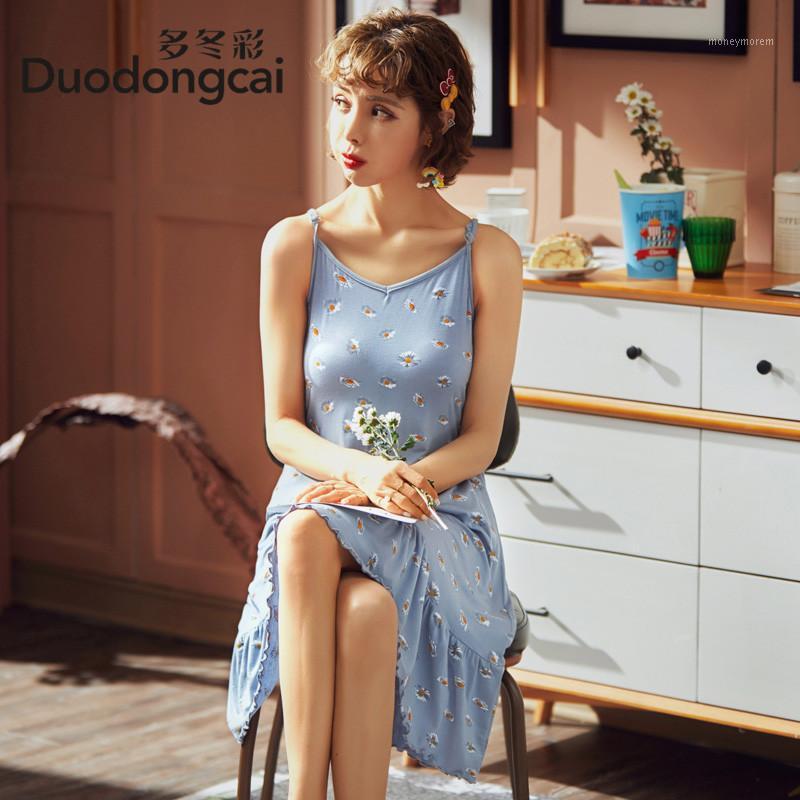 

Summer sexy Nightgowns Women Nightdress Printed 100% cotton sleepwear Loose Leisure Womens Clothing Breathable Simple Homewear1, Blue flower