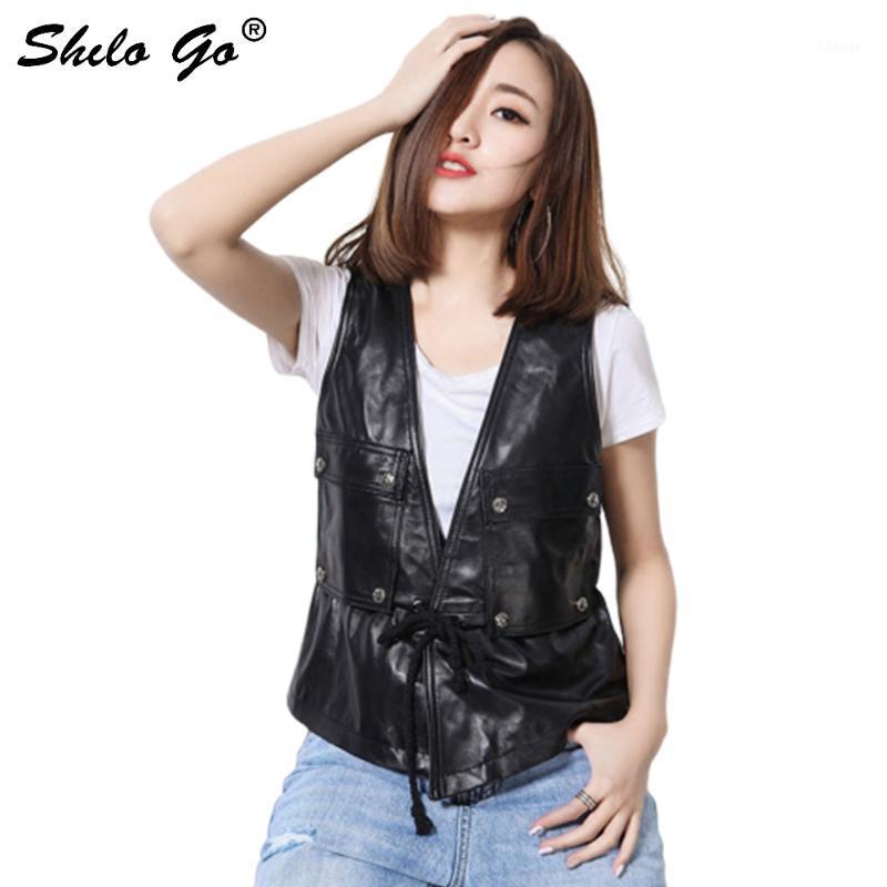 

SHILO GO Leather Vest Womens Spring Fashion sheepskin genuine leather Vest V Neck metal button tie waist ruffles loose1, Black