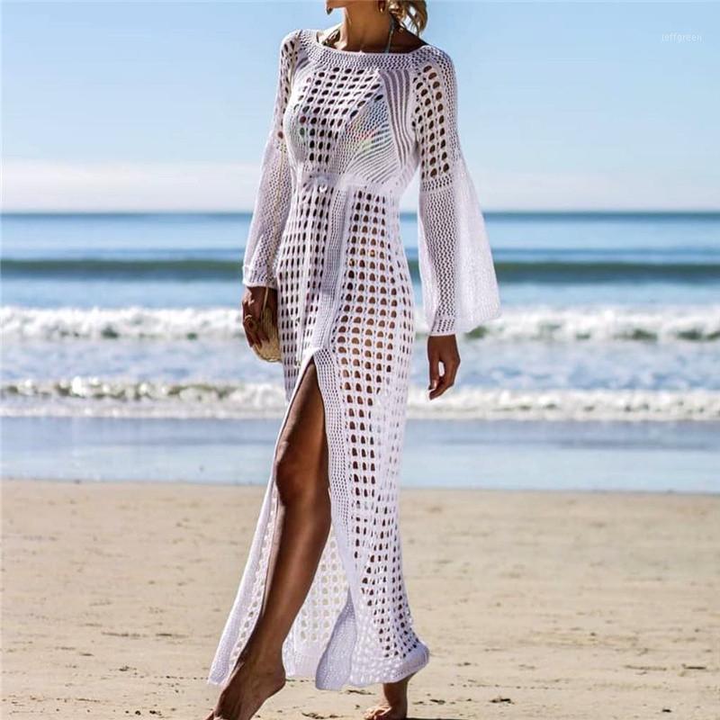 

Sarongs 2021 Crochet White Knitted Beach Cover Up Dress Tunic Long Bikinis Ups Swim Beachwear1