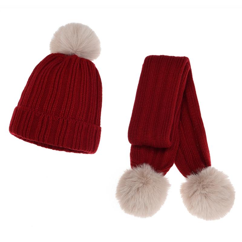 

Toddler Kids Winter Warm Knitted Hat and Long Scarf Set Ribbed Striped Solid Color Cute Pompom Cuffed Skull Cap Neck Warmer, Gy