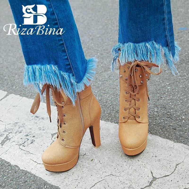 

RizaBina New Rivets Buckle Ankle Boots For Woman Zipper Cross Strap High Heels Shoes Autumn Winter Women Footwear Size 32-471, Black