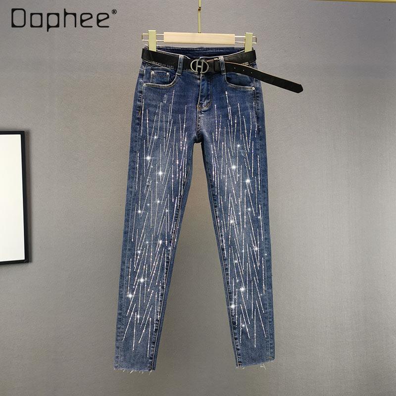 

2021 New Spring Women's Blue Rhinestone Cotton Stretchy Jeans Ladies High Waist Tight-fitting Ankle Length Pencil Pant