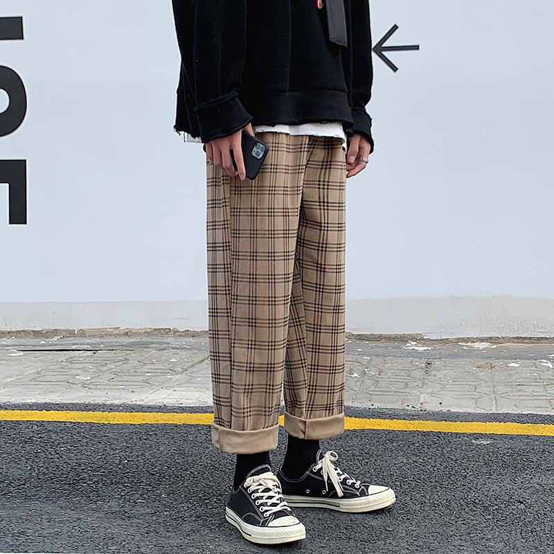 

Autumn Corduroy Pants Men Fashion Retro Casual Plaid Pants Men Streetwear Hip Hop Loose Straight Trousers Male Large Size M-5XL, Khaki