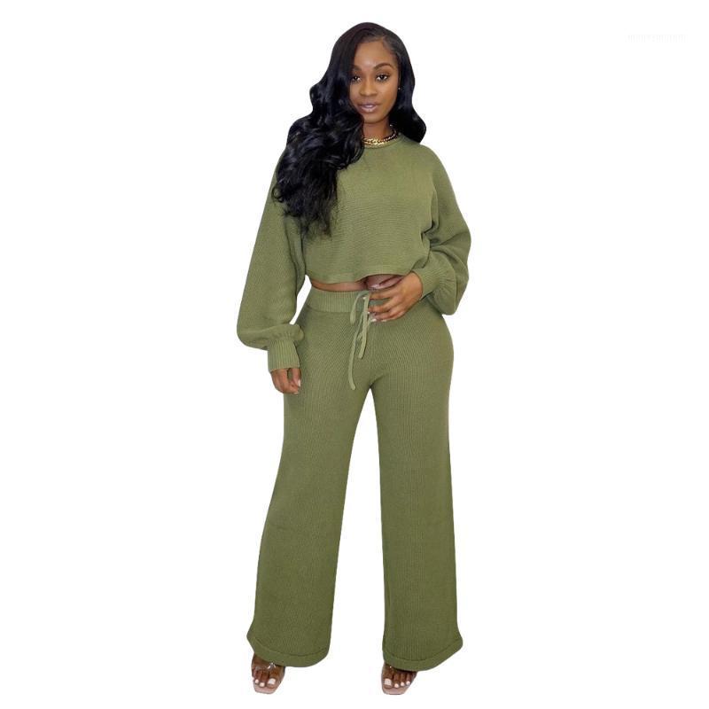 

Casual Knitted Rib Solid Loose Two Piece Set Women Clothing Active Drawstring Crop Top + Wide Leg Pants 2 Piece Set Outfits1, Blue set