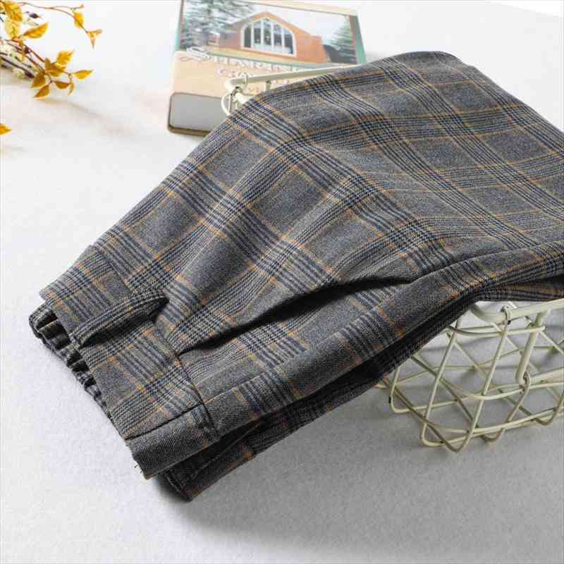 

plaid pants womens autumn cropped suit pants korean retro loose harem straight-leg casual trousers work, Black;white