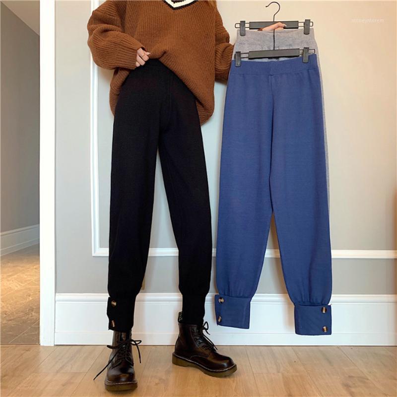 

New 2020 Autumn Winter Women Pants Knitting High Waist Wide Leg Pockets Ankle-Length Harem Lady Warm Sweater Trousers Black1, Black