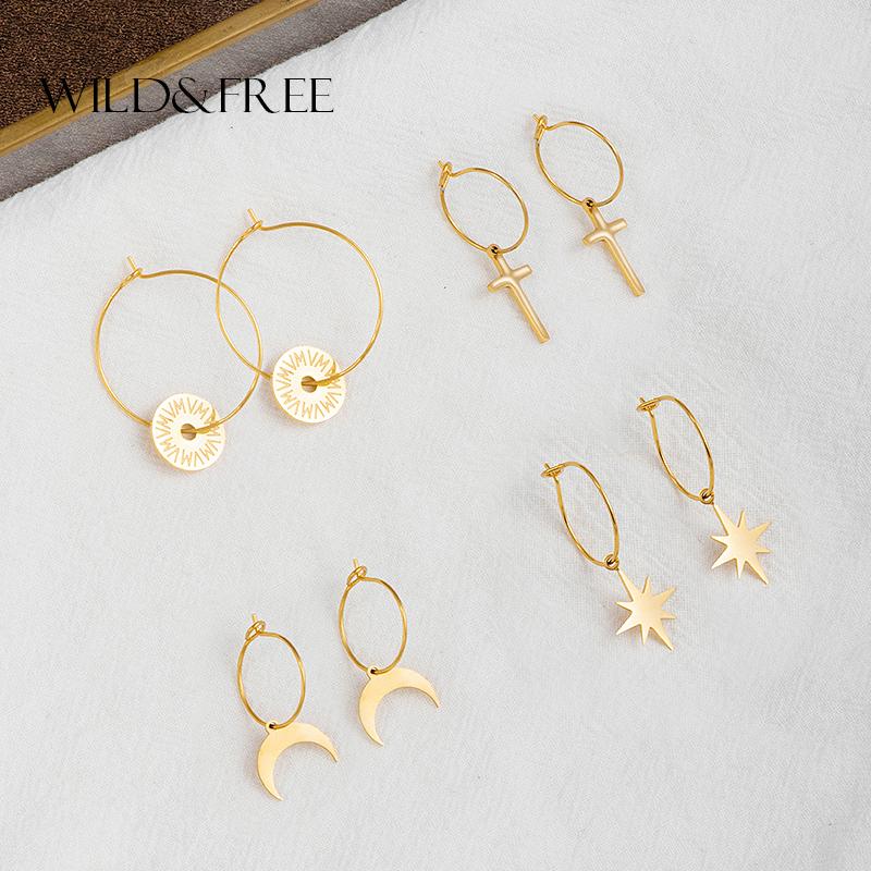 

Wild&Free Stainless Steel Geometric Circle Hoop Earrings For Women Star Moon Cross Round Shape Huggie Thin Circles Hoops Earring