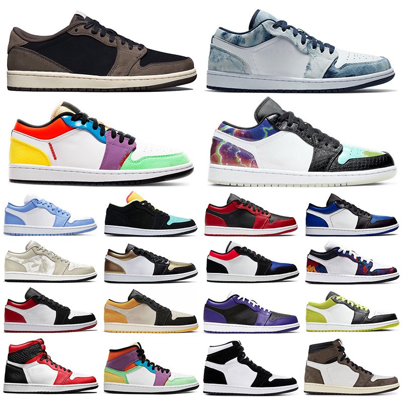 

new 1 high og men women basketball shoes 1s jumpman travis low shattered backboard Washed Denim UNC mens trainers sports sneakers 5.5-11, Magenta