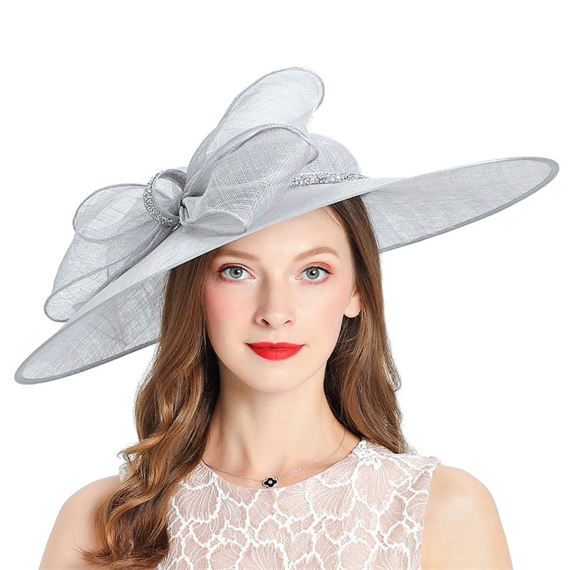 

Royal Wedding Church Fedoras Women's Hats Wedding Woman Hat For Elegant Gray Fascinator Bowler Cap Bow Linen Wide Brim Cap Women T200508, Gray hat woman