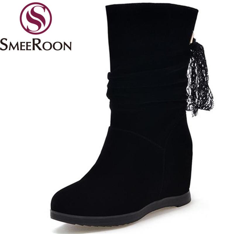 

Smeeroon new arrive riband mid calf boots round toe slip on ladies boots fashion warm winter med heels women's shoes, Black