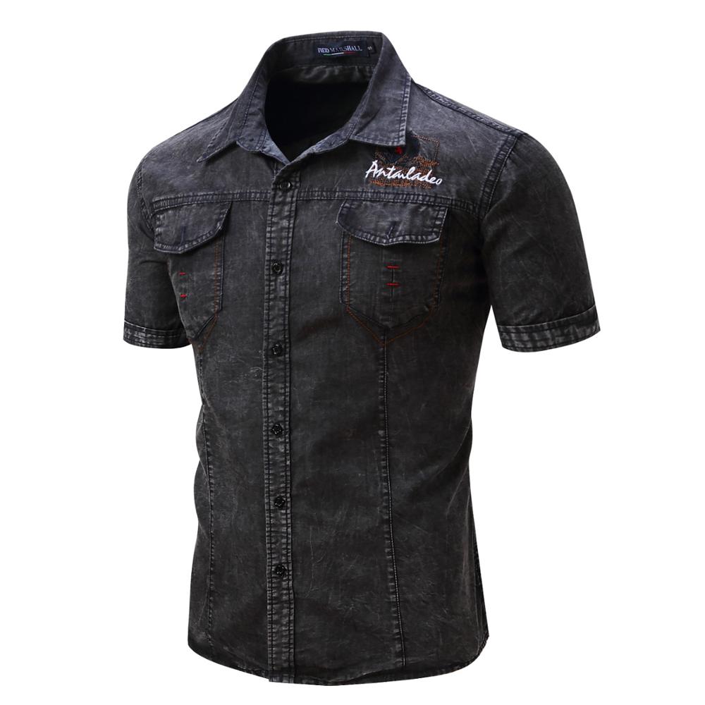 

New 2020 Summer Denim Casual Shirts Men'S Short Sleeve Army Blue Grey Cargo Shirt, Fm093 2