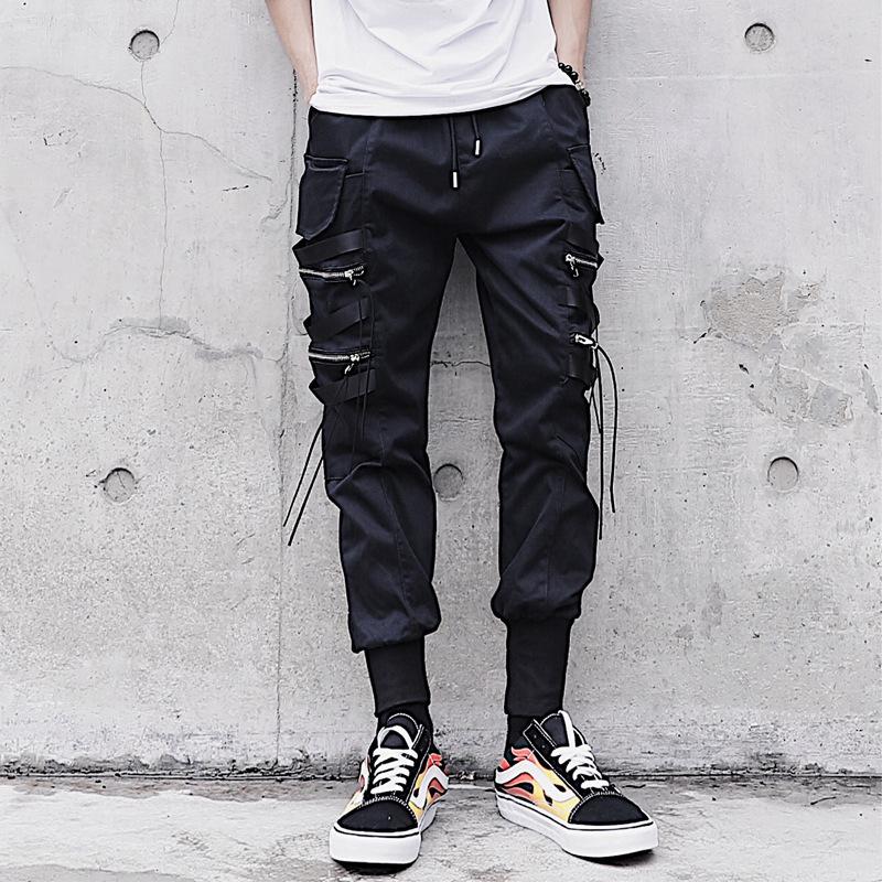 

Hip Hop Style Mens Pants Pocket Zipper Decor Solid Black Locomotive Fashion Breathable With Stretchy Spring Autumn Male Trouser