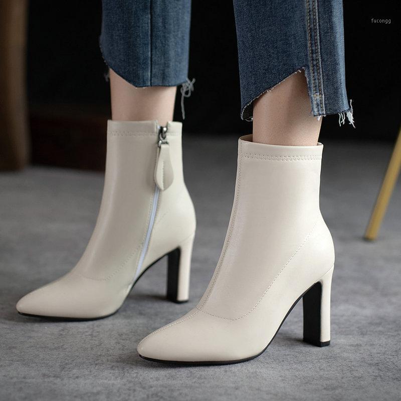 

Black Beige Women Boots Fashion Square High Heel Ankle Boots Round Toe Slip On Autumn Winter Female Shoes1, Black plush lining