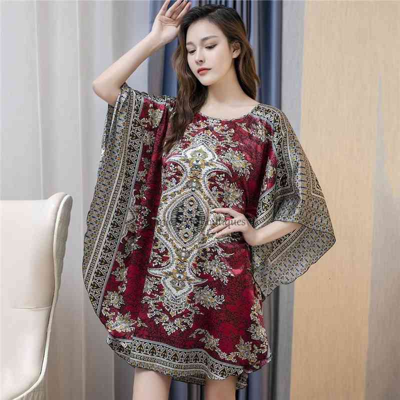 

Red Women Sexy Satin Nightwear Nightgown Plus Size Loose Kaftan Bath Gown Nightdress Summer Sleepwear Wedding Night Dress, Black;red