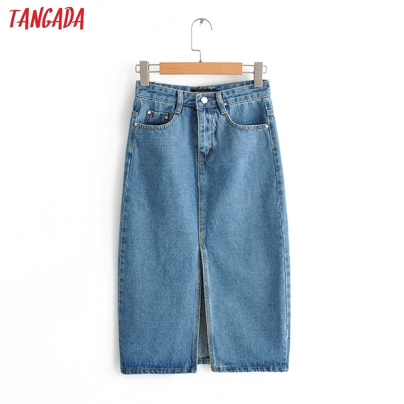

Tangada women sexy denim skirts korea fashion pocket lady mid calf skirt high waist vintage skirts female FN66 Y200326, Blue
