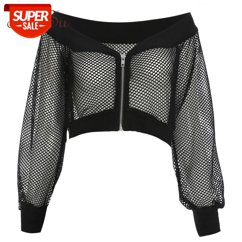 

ArtSu Summer 2020 Black Mesh Top Long Sleeve Off Shoulder Sexy Club Wear Short T-shirt Fitness Crop Top Streetwear ASTS20416 #1L0G, White