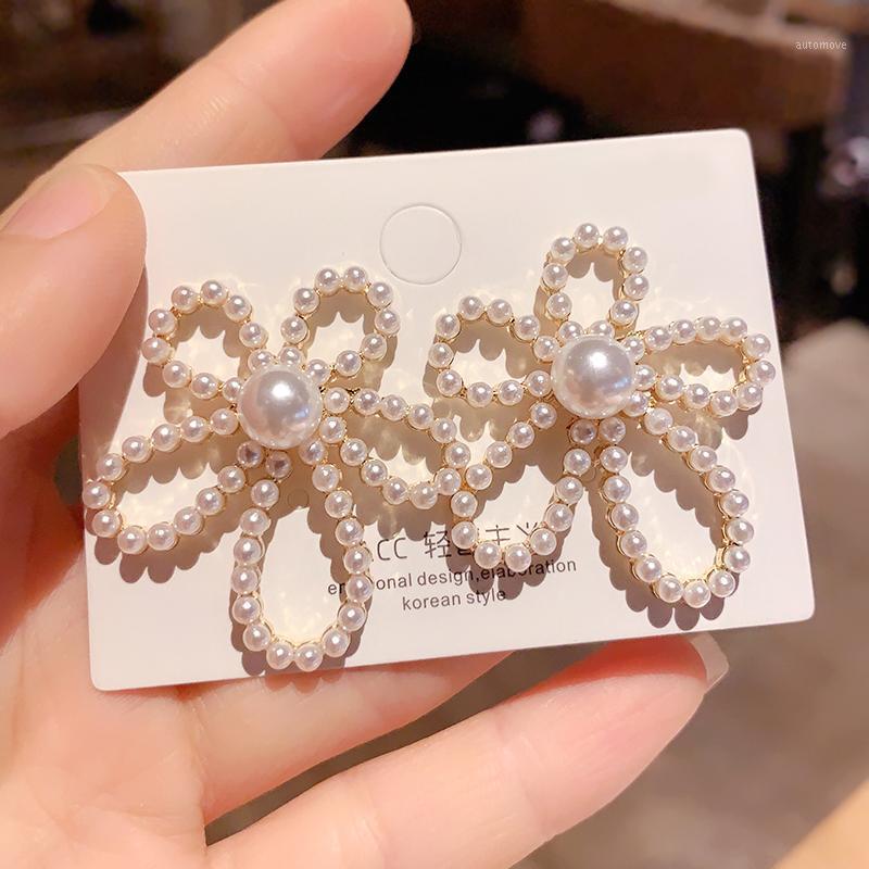 

AENSOA 2020 New Fashion Elegant Jewelry Pearl Flowers Drop Earrings Shiny AB Color Crystal Beads Floral Big Long Dangle Earring1