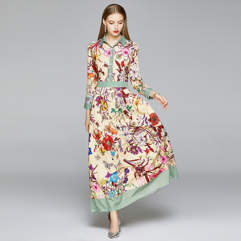 

2021 New Merchall Fashion Autumn Spring Runway Woman Long Sleeve Chic Print Holiday Beach Maxi Vestidos Lmvc, The picture color