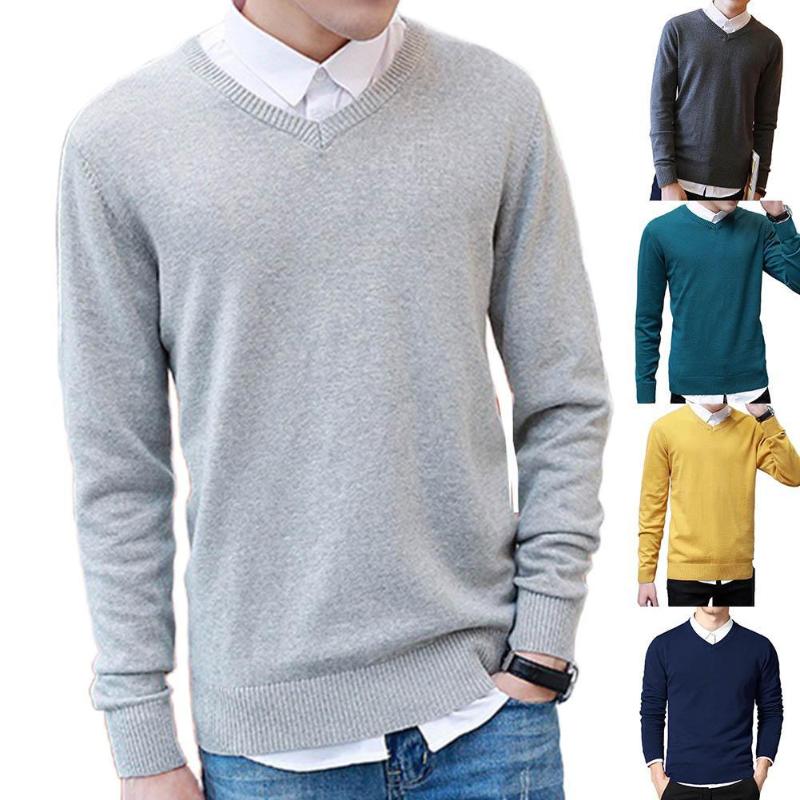 

Men Sweater Autumn Winter V-neck Warm Knitted Pullovers Men's Casual Long Sleeve Slim Knitwear Sweaters Plus Size, Wine red