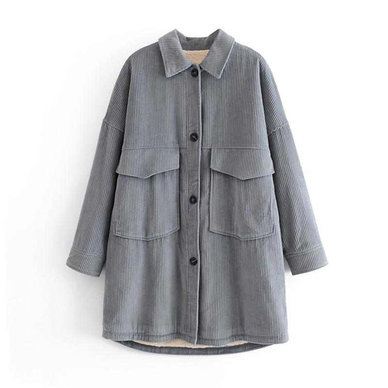 

Hadara Fashion Thick Turn Down Collar Blouses Women Elegant Solid Mid Length Corduroy Shirts Women Loose Pockets Tops Ladies, Gray