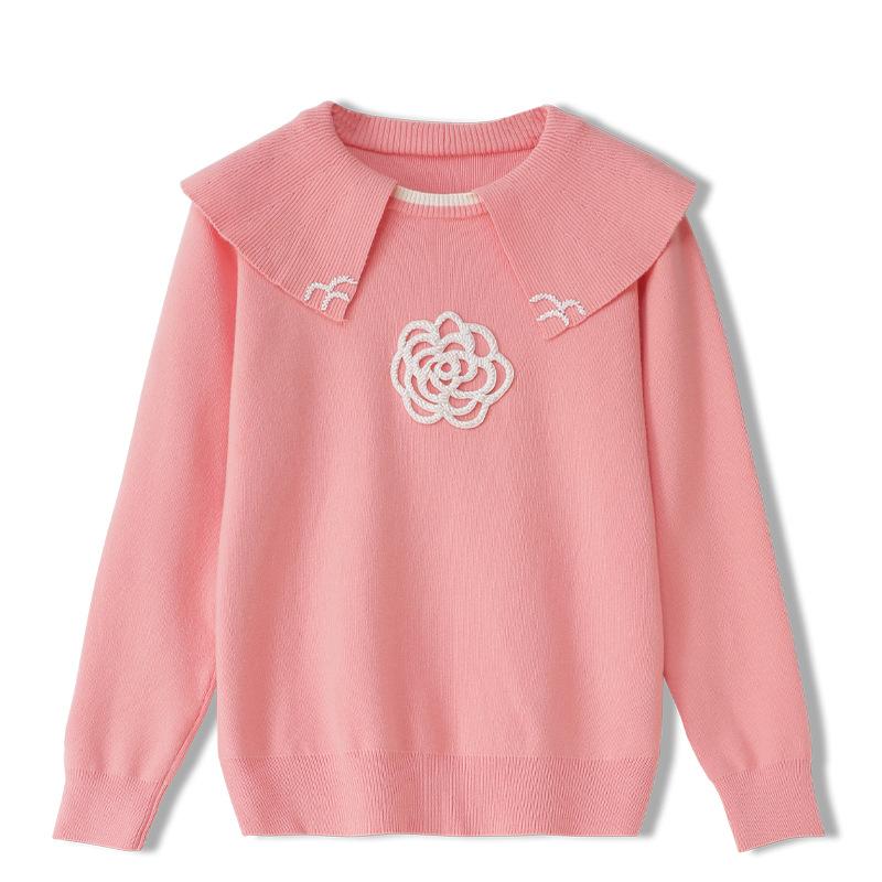 

2020 Autumn Winter Sweaters Women' Long-Sleeve Casual High-street Lotus Leaf Collar Beaded Flower Lady Pullover Slim Knit Top, Black