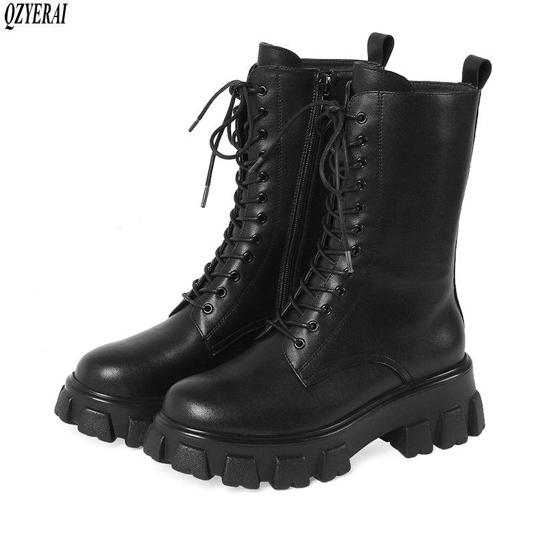 

black white Women boots Motorcycle boots Genuine leather bottom of the thick autumn winter cowhide Women shoes