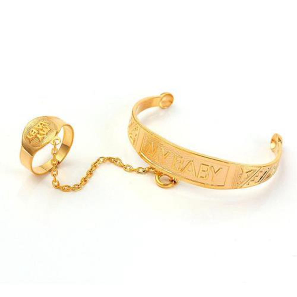 Lovely Carved "MY BABY" 18k Yellow Gold Filled Cuff Bangle+Ring Set Children's Jewelry-image-604581144