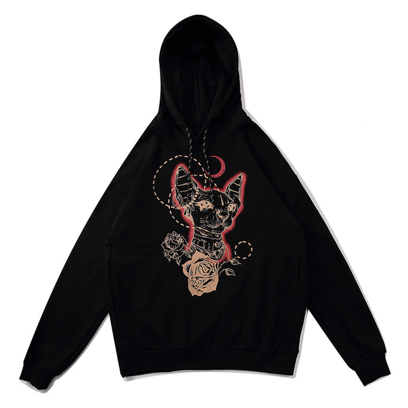 

2021 New Hip Hop Streetwear Hairless Cat Print Men Autumn Winter Loose Hooded Pullover Cotton Harajuku Hoodie Swatshirt Black 8c9t