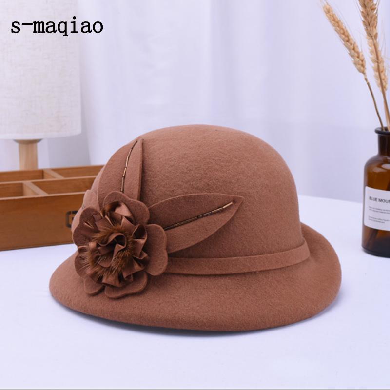 

Woman Autumn And Winter Party Formal Hat England Fashion Elengant British vintage flowers 100% Wool Felt Hats, Red