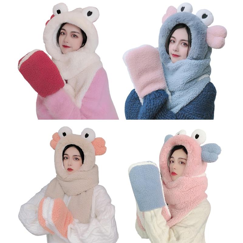 

Women Winter Warm 3 In 1 Fuzzy Plush Cartoon Eye Ear Hooded Scarf Hat Gloves Set M7DD