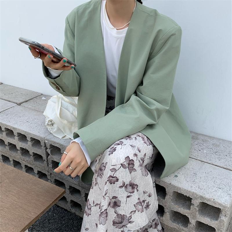 

Korean Style Fashion Single Breasted Long Sleeve Blazer Women Vintage Temperament Green Black V Neck Jacket Autumn Coat Blaser
