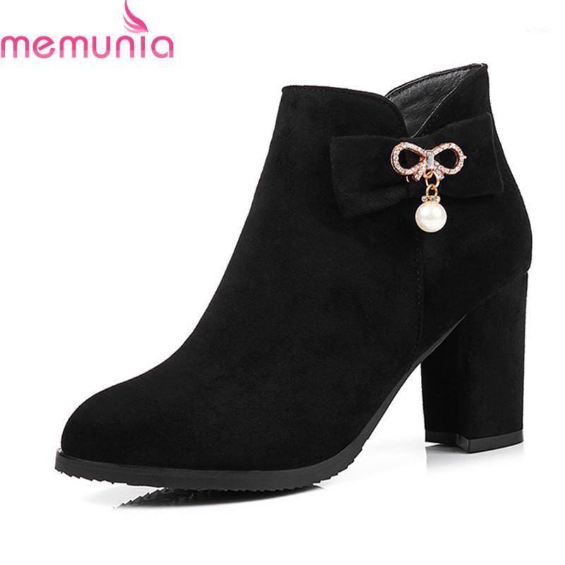 

MEMUNIA big size 30-43 new arrival 2021 fashion boots round toe flock ankle boots with butterfly knot women's high heels1, Black