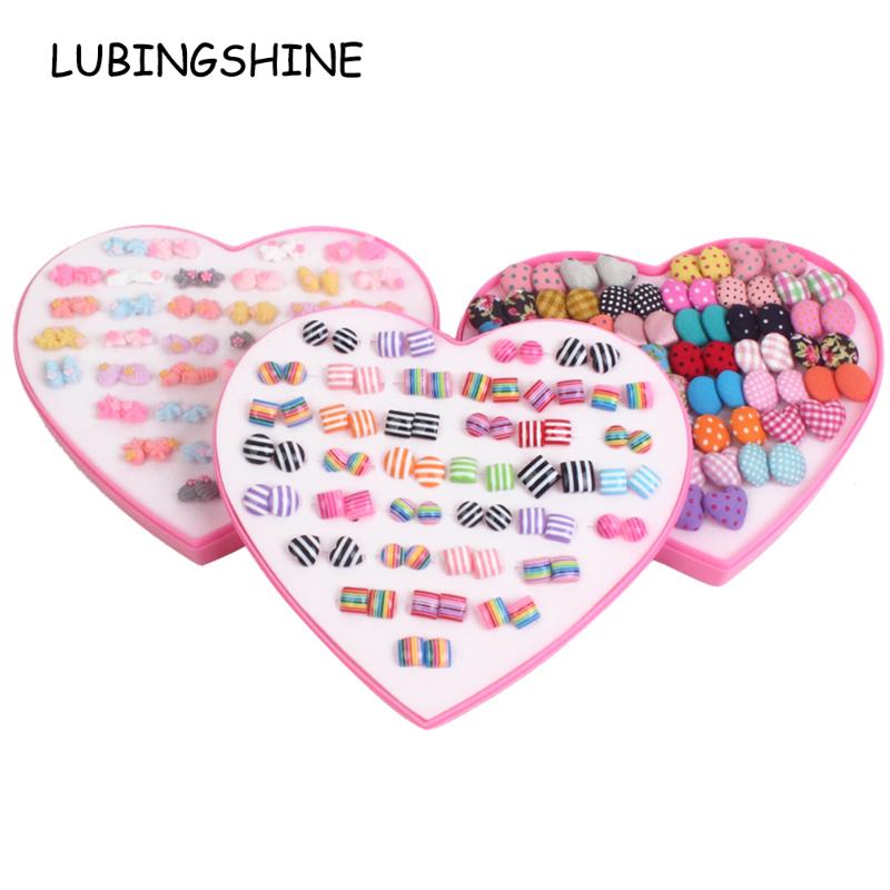 

36 Pairs/lot Cute Women Star Flower Resin Pink Small Stud Earrings Sets With Heart Gift Box Child Girls Kids Earring Jewelry