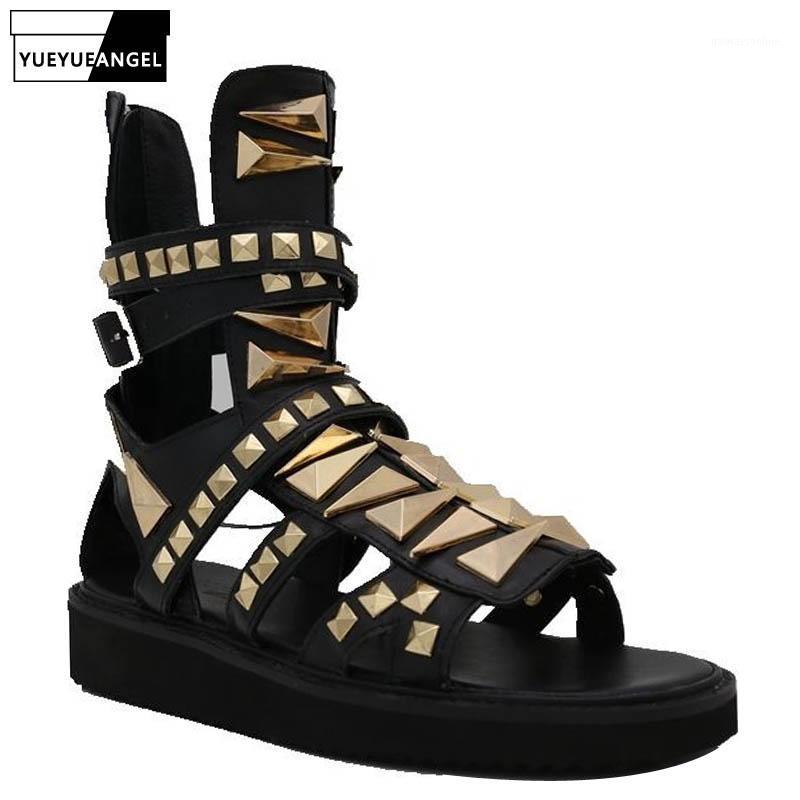 

Summer High Top Mens Metal Rivets Gladiator Sandals Platform Flats Open Toes Real Leather Hollow Out Runway Shoes Beach Sandals1, Thick platform